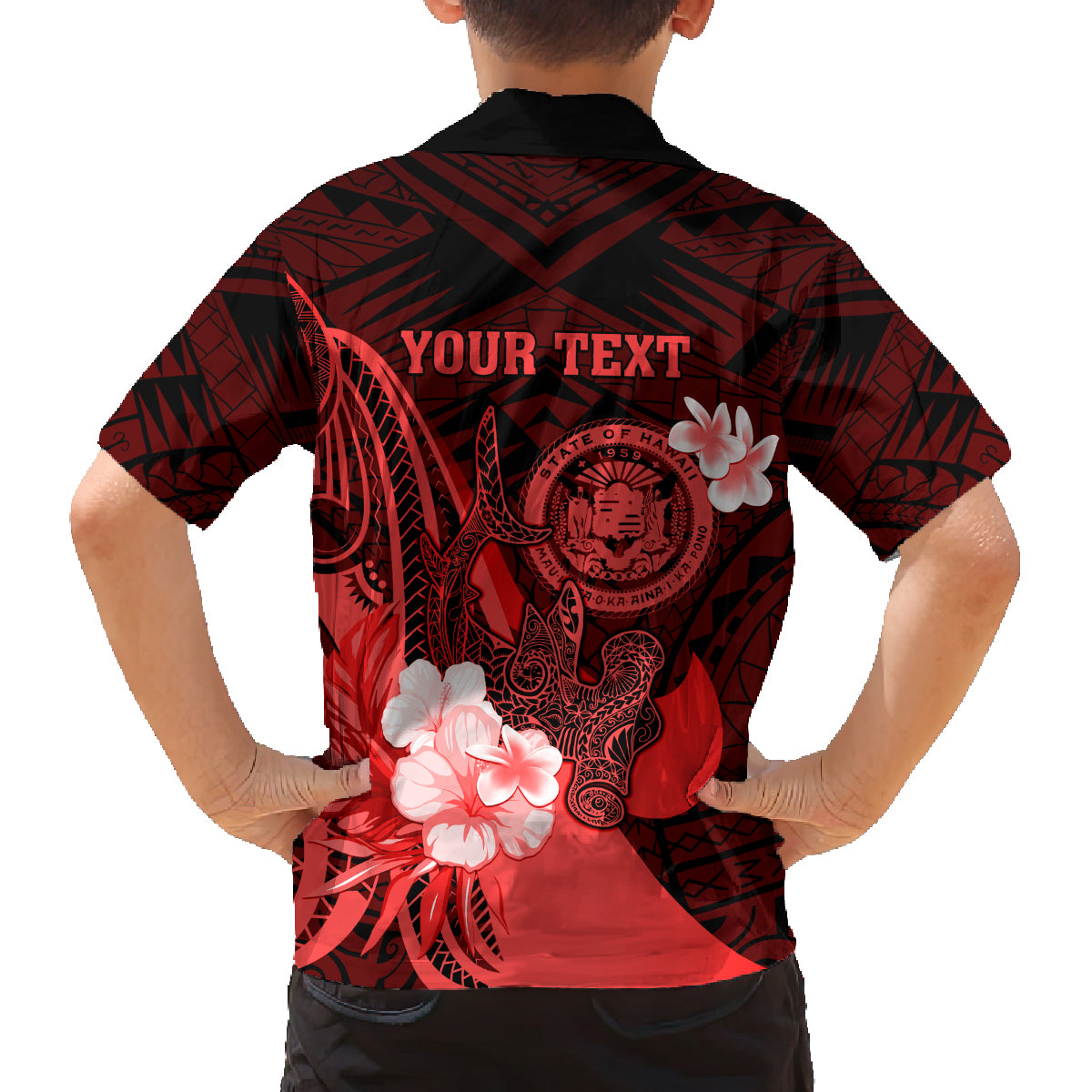 Personalised Hawaii State Motto Family Matching Tank Maxi Dress and Hawaiian Shirt Hawaiian Tribal Red Hammerhead Shark LT05 - Polynesian Pride