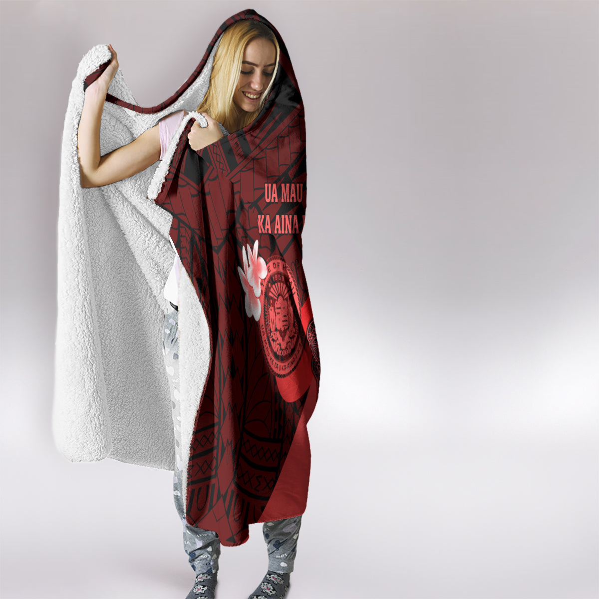 Hawaii State Motto Hooded Blanket Hawaiian Tribal Red Hammerhead Shark LT05 - Polynesian Pride