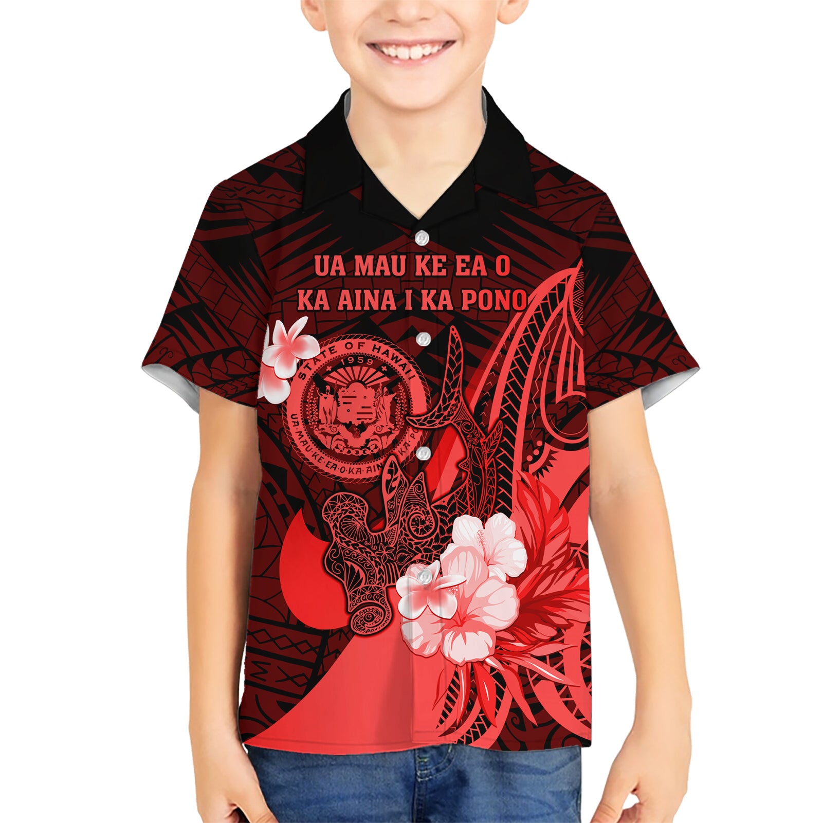 Personalised Hawaii State Motto Kid Hawaiian Shirt Hawaiian Tribal Red Hammerhead Shark LT05 Kid Red - Polynesian Pride