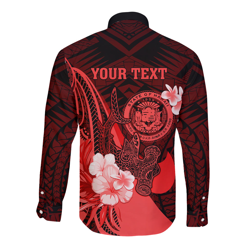 Personalised Hawaii State Motto Long Sleeve Button Shirt Hawaiian Tribal Red Hammerhead Shark LT05 - Polynesian Pride