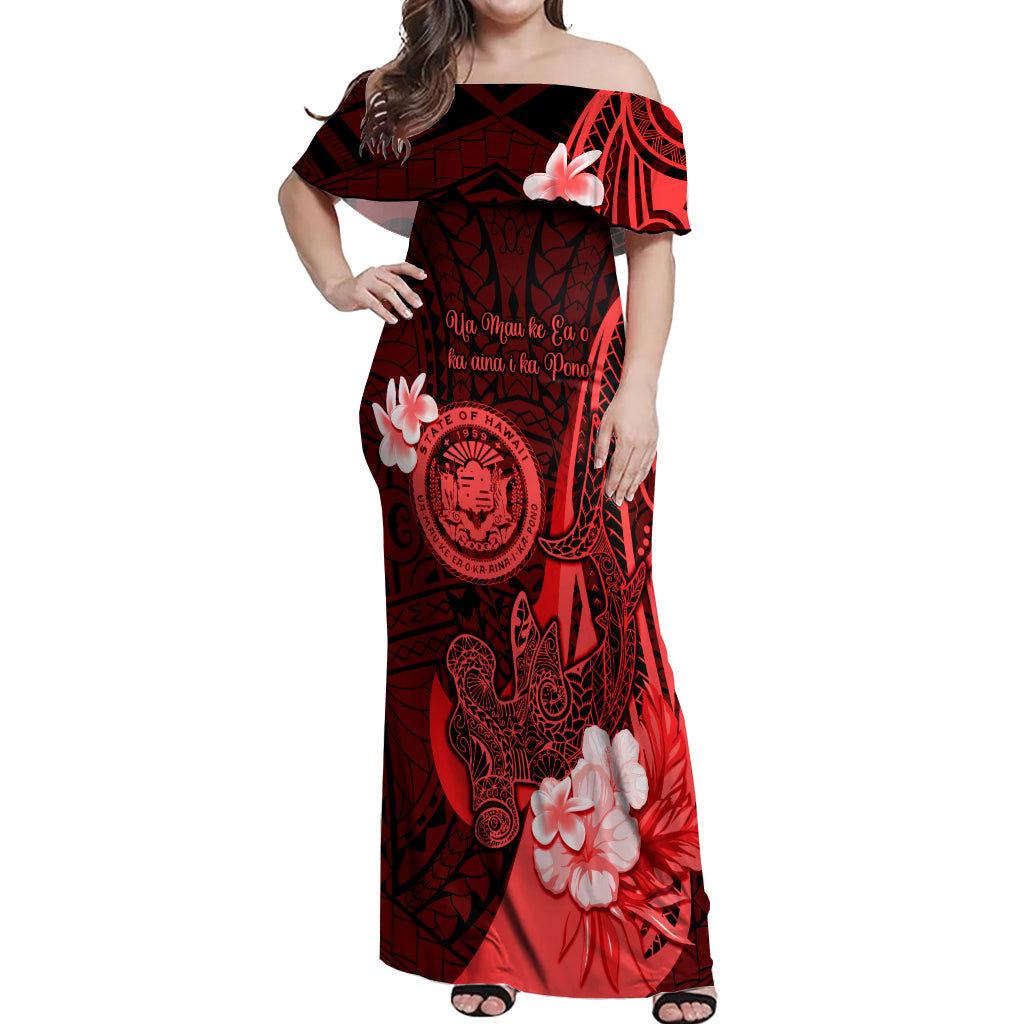 Personalised Hawaii State Motto Off Shoulder Maxi Dress Hawaiian Tribal Red Hammerhead Shark LT05 Women Red - Polynesian Pride