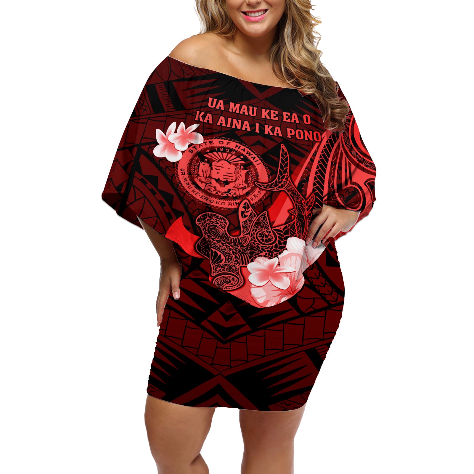 Personalised Hawaii State Motto Off Shoulder Short Dress Hawaiian Tribal Red Hammerhead Shark LT05 Women Red - Polynesian Pride