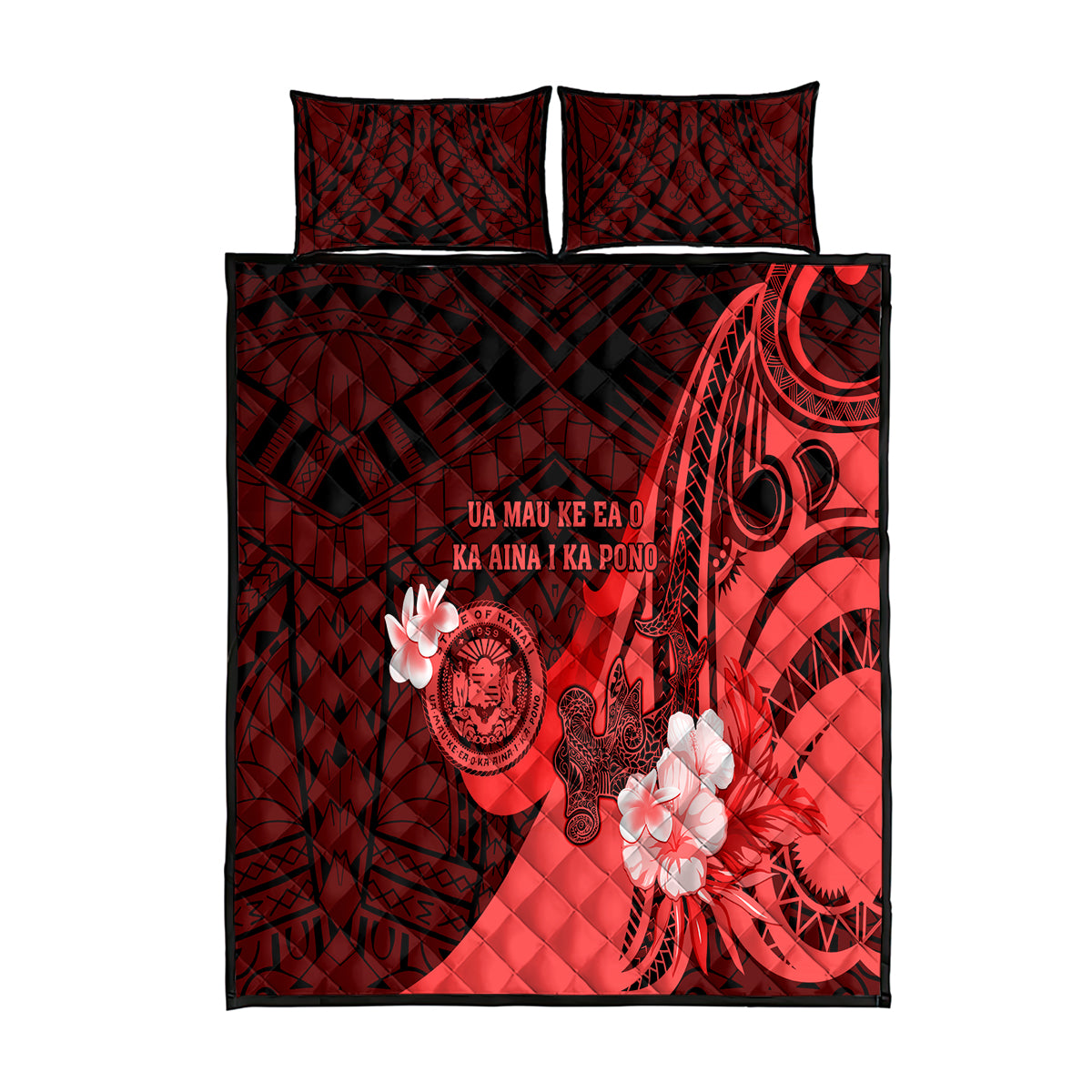 Hawaii State Motto Quilt Bed Set Hawaiian Tribal Red Hammerhead Shark LT05 Red - Polynesian Pride