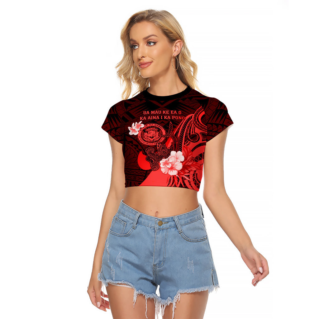 Personalised Hawaii State Motto Raglan Cropped T Shirt Hawaiian Tribal Red Hammerhead Shark LT05 Female Red - Polynesian Pride