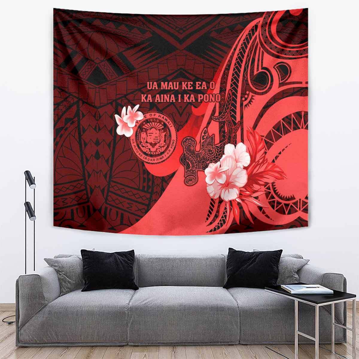 Hawaii State Motto Tapestry Hawaiian Tribal Red Hammerhead Shark LT05 - Polynesian Pride
