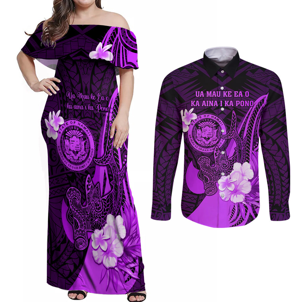 Personalised Hawaii State Motto Couples Matching Off Shoulder Maxi Dress and Long Sleeve Button Shirt Hawaiian Tribal Purple Hammerhead Shark LT05 Purple - Polynesian Pride