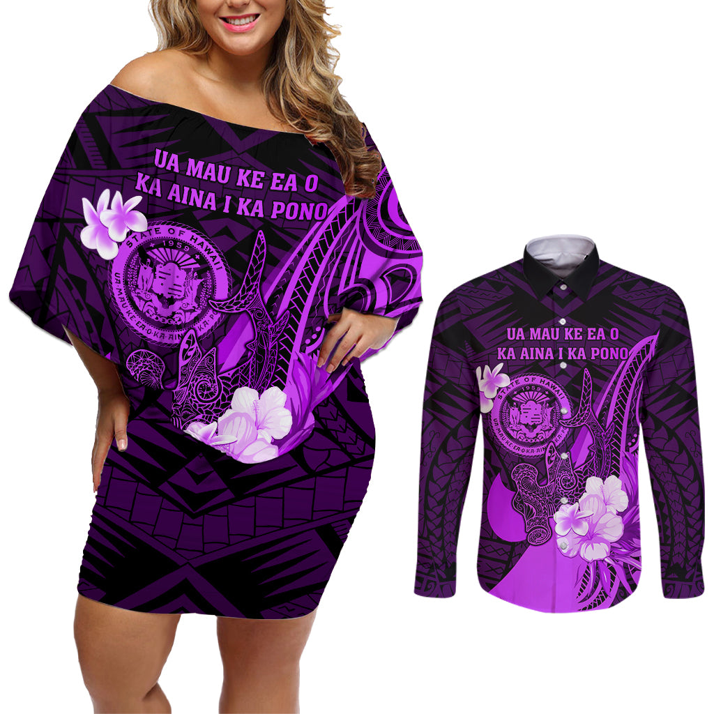 Personalised Hawaii State Motto Couples Matching Off Shoulder Short Dress and Long Sleeve Button Shirt Hawaiian Tribal Purple Hammerhead Shark LT05 Purple - Polynesian Pride