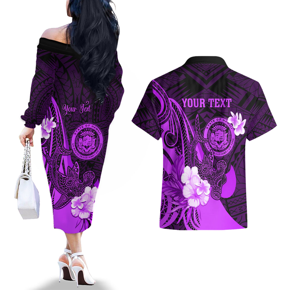 Personalised Hawaii State Motto Couples Matching Off The Shoulder Long Sleeve Dress and Hawaiian Shirt Hawaiian Tribal Purple Hammerhead Shark LT05 - Polynesian Pride