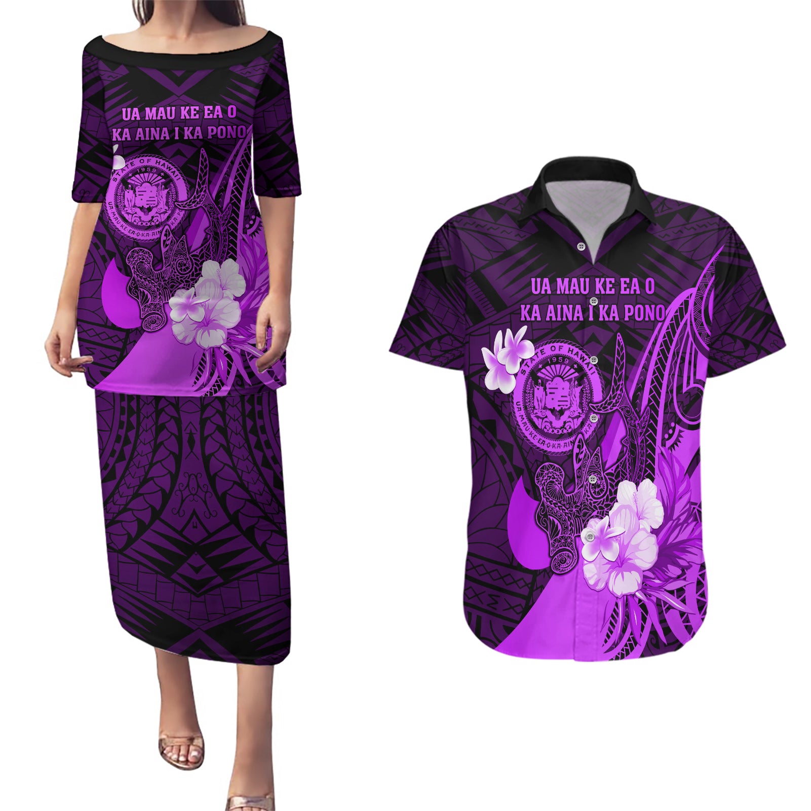 Personalised Hawaii State Motto Couples Matching Puletasi and Hawaiian Shirt Hawaiian Tribal Purple Hammerhead Shark LT05 Purple - Polynesian Pride