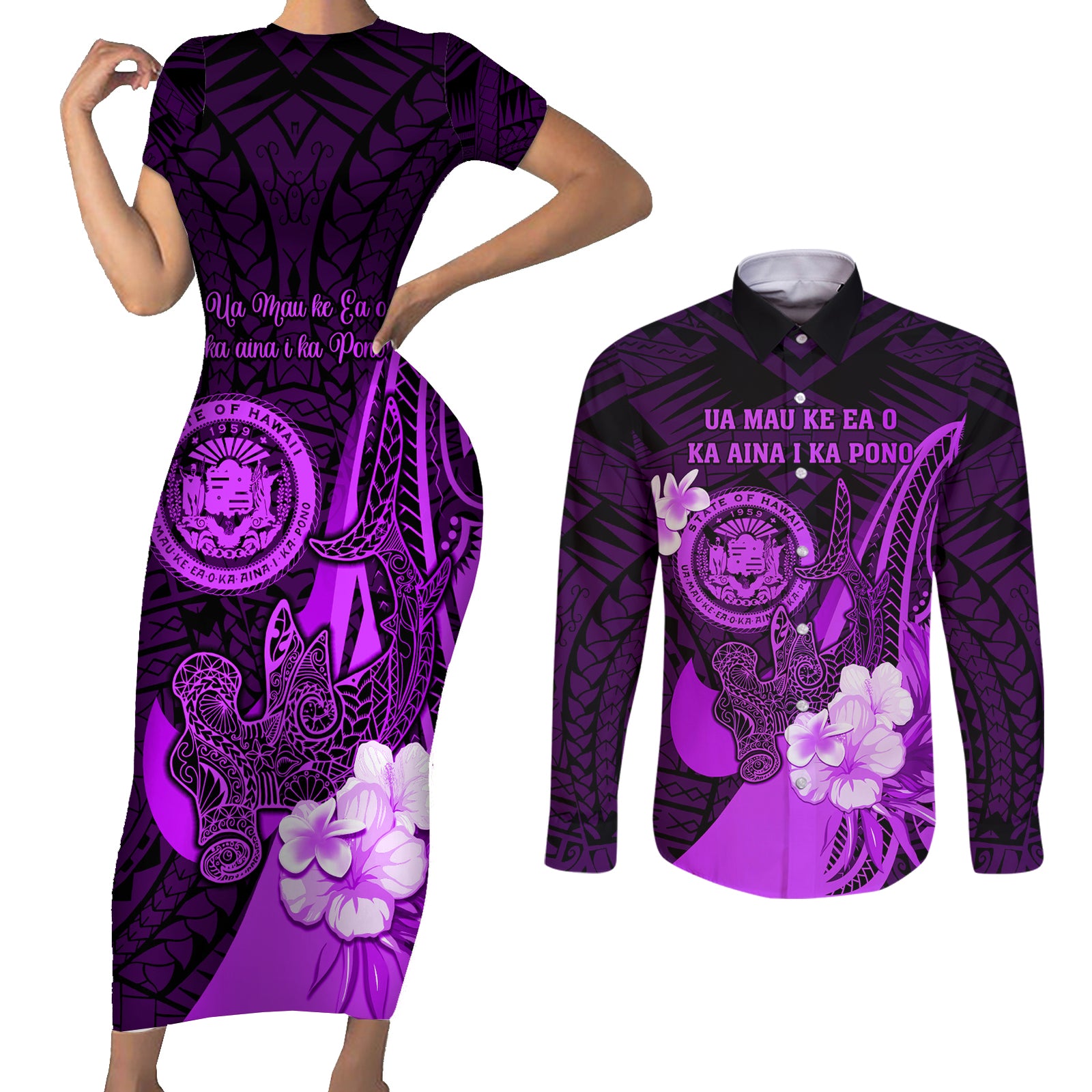 Personalised Hawaii State Motto Couples Matching Short Sleeve Bodycon Dress and Long Sleeve Button Shirt Hawaiian Tribal Purple Hammerhead Shark LT05 Purple - Polynesian Pride