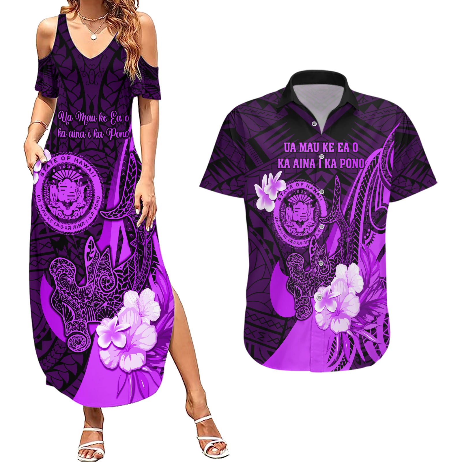 Personalised Hawaii State Motto Couples Matching Summer Maxi Dress and Hawaiian Shirt Hawaiian Tribal Purple Hammerhead Shark LT05 Purple - Polynesian Pride