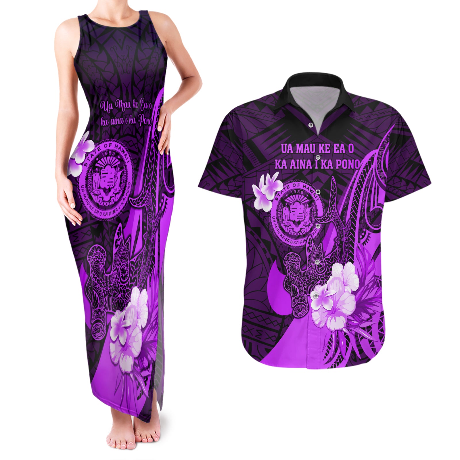 Personalised Hawaii State Motto Couples Matching Tank Maxi Dress and Hawaiian Shirt Hawaiian Tribal Purple Hammerhead Shark LT05 Purple - Polynesian Pride