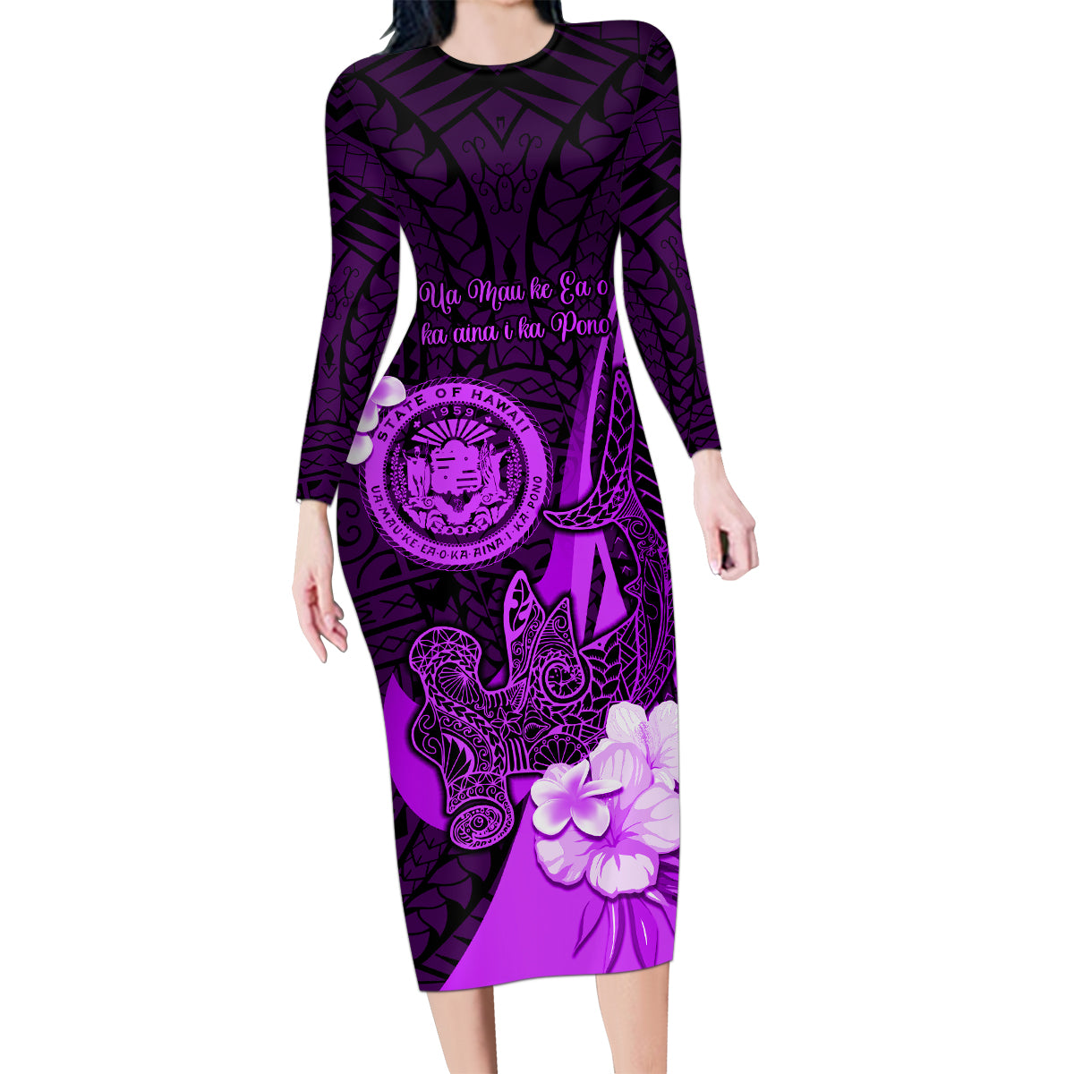 Personalised Hawaii State Motto Family Matching Long Sleeve Bodycon Dress and Hawaiian Shirt Hawaiian Tribal Purple Hammerhead Shark LT05 Mom's Dress Purple - Polynesian Pride