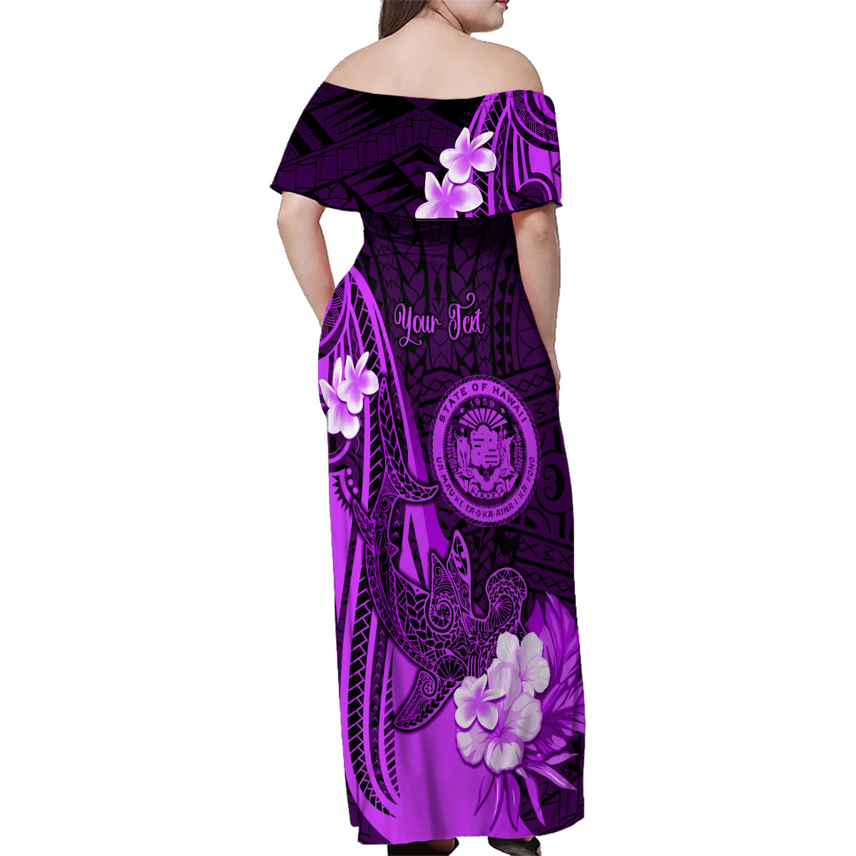 Personalised Hawaii State Motto Family Matching Off Shoulder Maxi Dress and Hawaiian Shirt Hawaiian Tribal Purple Hammerhead Shark LT05 - Polynesian Pride