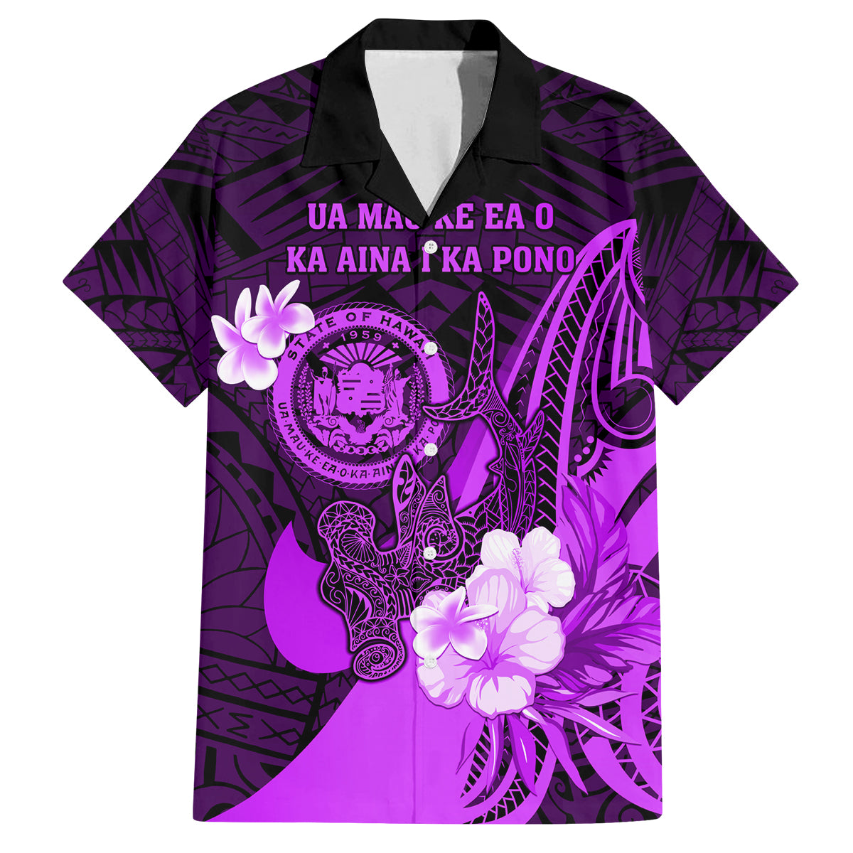 Personalised Hawaii State Motto Family Matching Tank Maxi Dress and Hawaiian Shirt Hawaiian Tribal Purple Hammerhead Shark LT05 Dad's Shirt - Short Sleeve Purple - Polynesian Pride