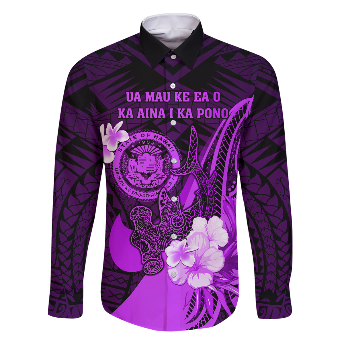 Personalised Hawaii State Motto Family Matching Tank Maxi Dress and Hawaiian Shirt Hawaiian Tribal Purple Hammerhead Shark LT05 Dad's Shirt - Long Sleeve Purple - Polynesian Pride