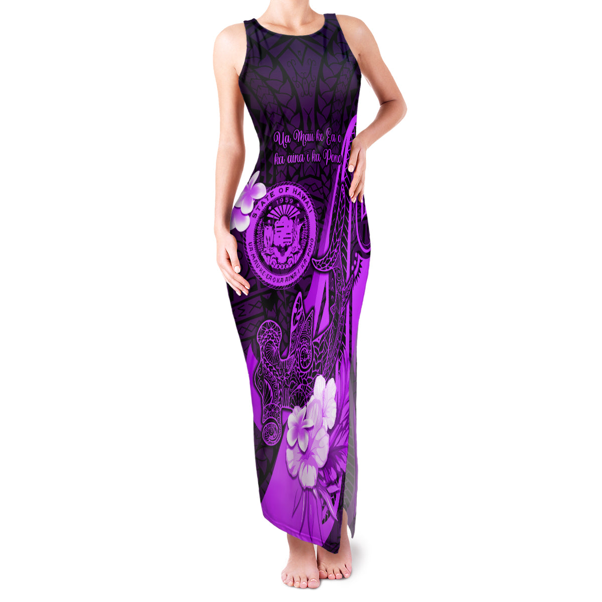Personalised Hawaii State Motto Family Matching Tank Maxi Dress and Hawaiian Shirt Hawaiian Tribal Purple Hammerhead Shark LT05 Mom's Dress Purple - Polynesian Pride