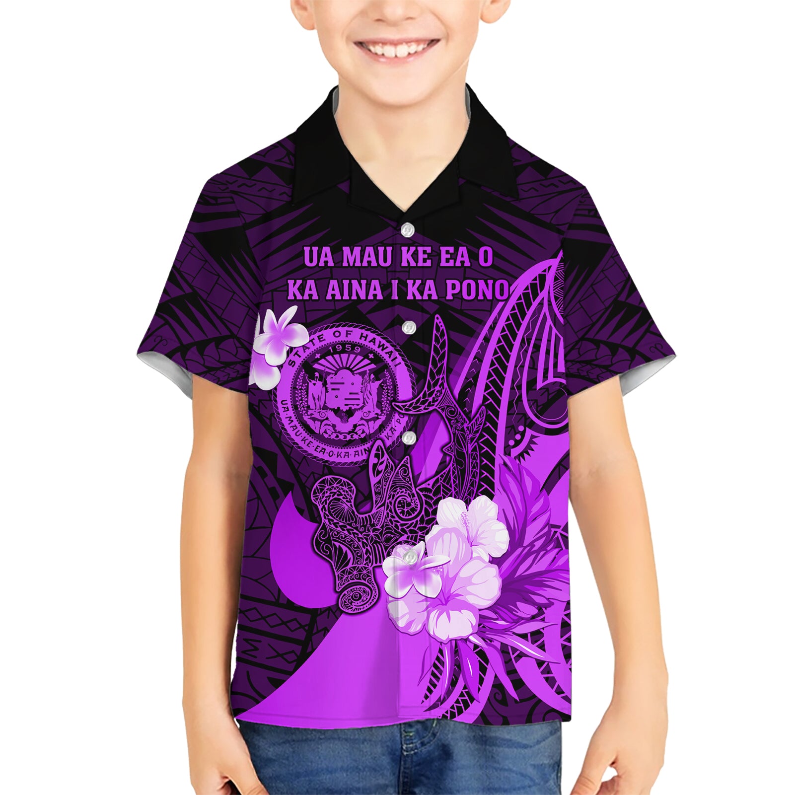Personalised Hawaii State Motto Kid Hawaiian Shirt Hawaiian Tribal Purple Hammerhead Shark LT05 Kid Purple - Polynesian Pride
