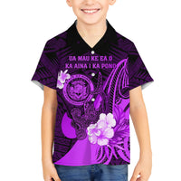 Personalised Hawaii State Motto Kid Hawaiian Shirt Hawaiian Tribal Purple Hammerhead Shark LT05 Kid Purple - Polynesian Pride