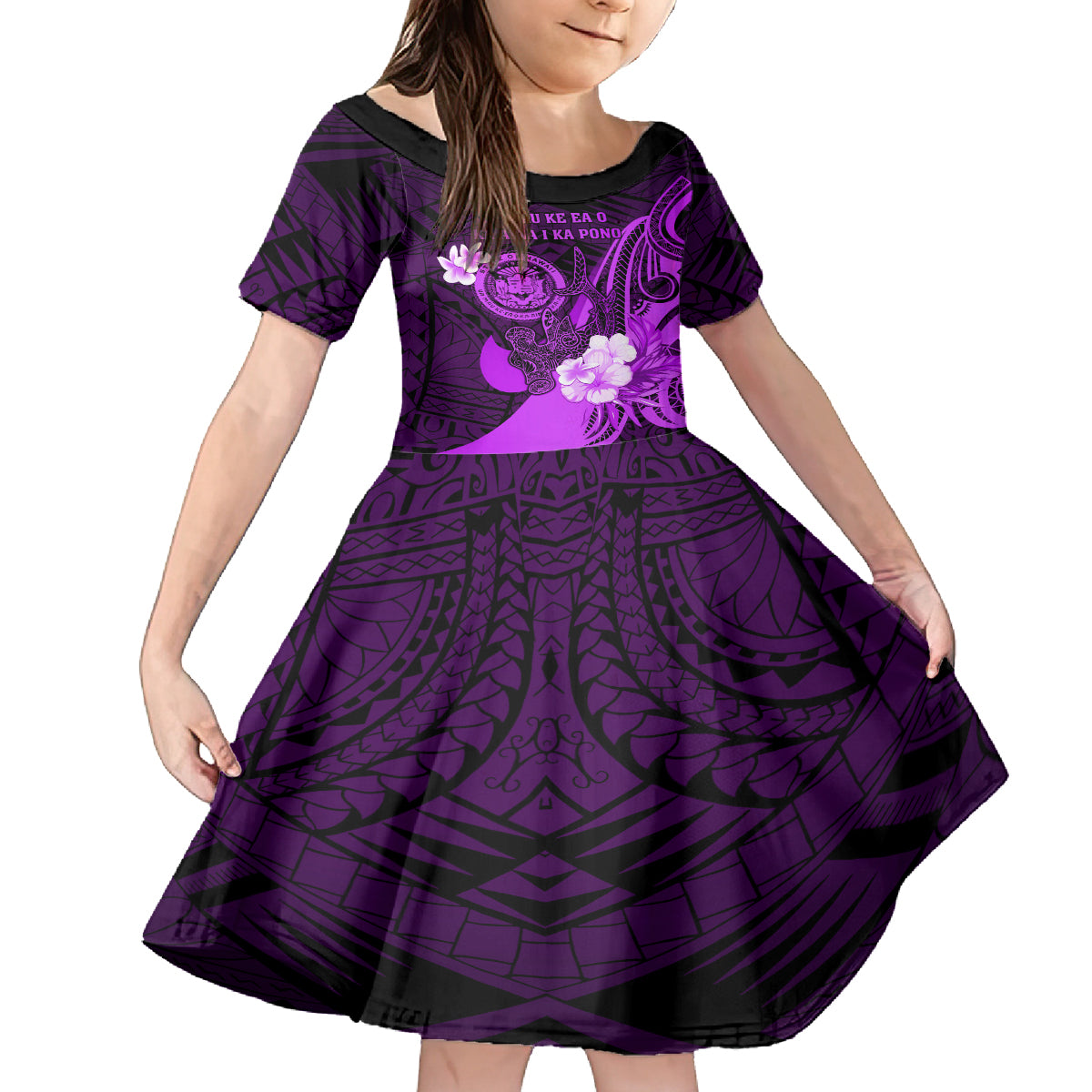 Personalised Hawaii State Motto Kid Short Sleeve Dress Hawaiian Tribal Purple Hammerhead Shark LT05 KID Purple - Polynesian Pride