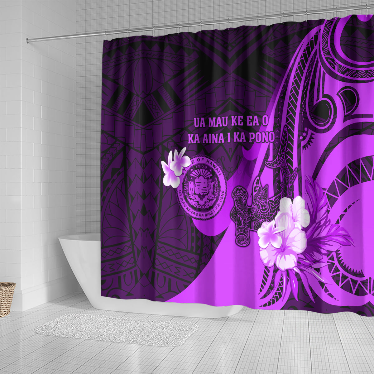 Hawaii State Motto Shower Curtain Hawaiian Tribal Purple Hammerhead Shark LT05 - Polynesian Pride