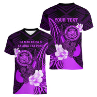 Personalised Hawaii State Motto Women V Neck T Shirt Hawaiian Tribal Purple Hammerhead Shark LT05 - Polynesian Pride