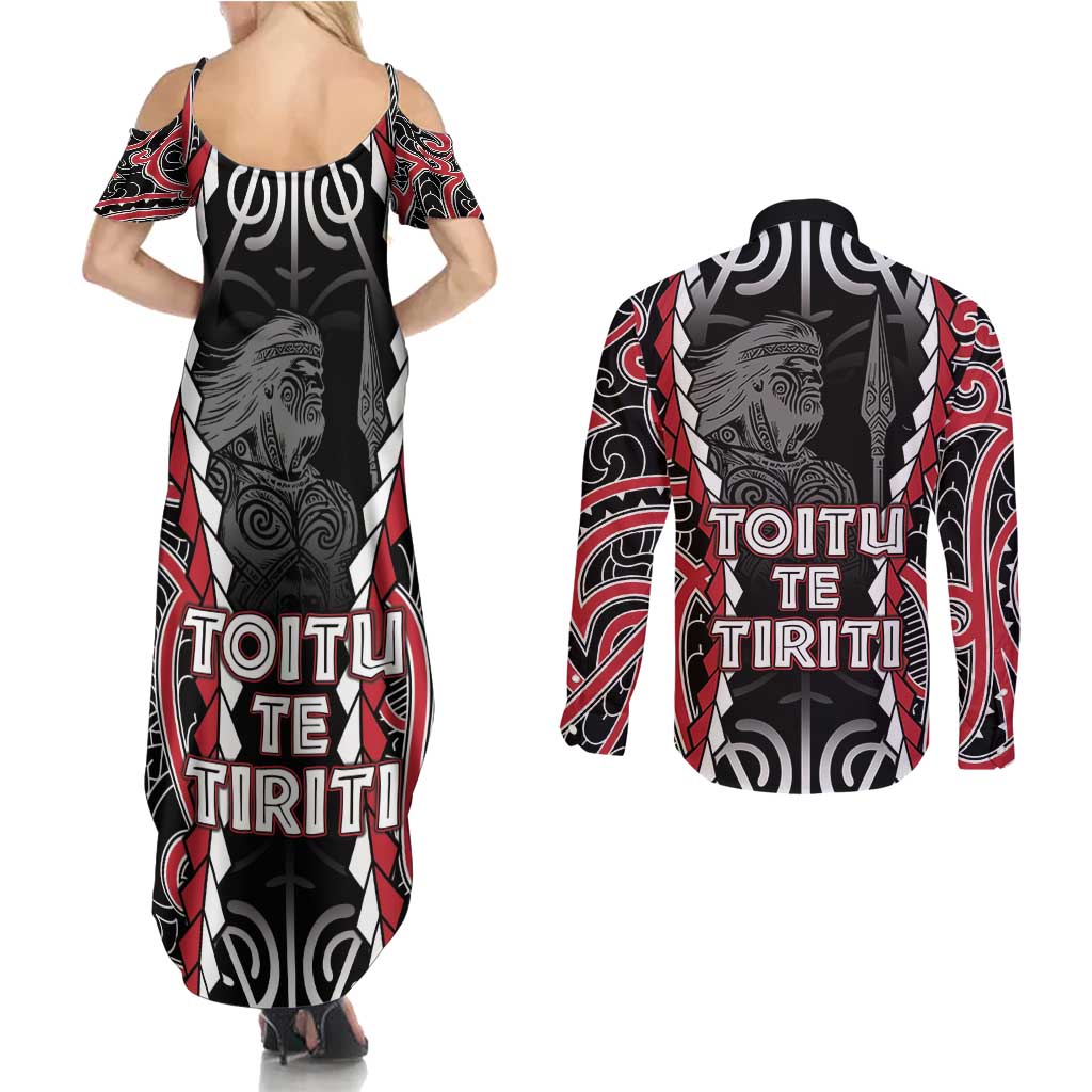Aotearoa Waitangi Day Couples Matching Summer Maxi Dress and Long Sleeve Button Shirt Maori Warrior Tribal Tattoo