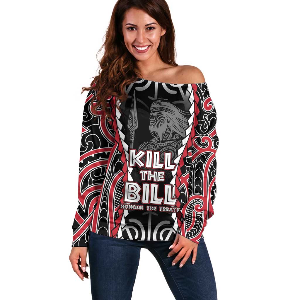 Aotearoa Waitangi Day Off Shoulder Sweater Maori Warrior Tribal Tattoo LT05 Women Black - Polynesian Pride