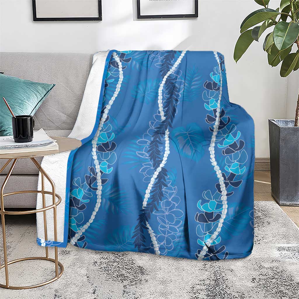 Hawaii Maile Lei Blanket With Blue Monstera Pattern