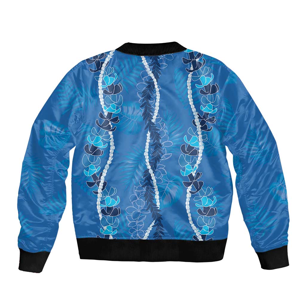 Hawaii Maile Lei Bomber Jacket With Blue Monstera Pattern