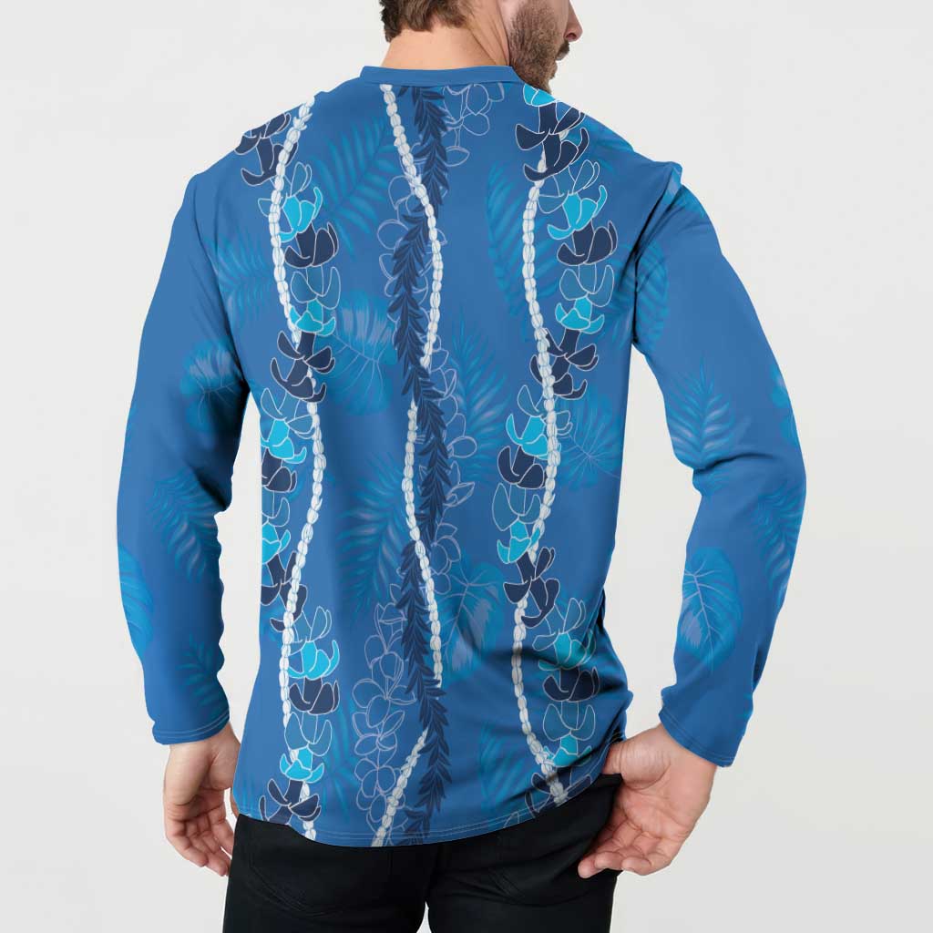 Hawaii Maile Lei Button Sweatshirt With Blue Monstera Pattern LT05 - Polynesian Pride