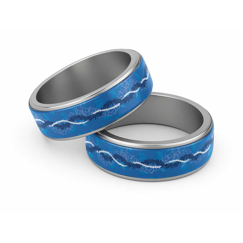 Hawaii Maile Lei Classic Ring With Blue Monstera Pattern - Polynesian Pride