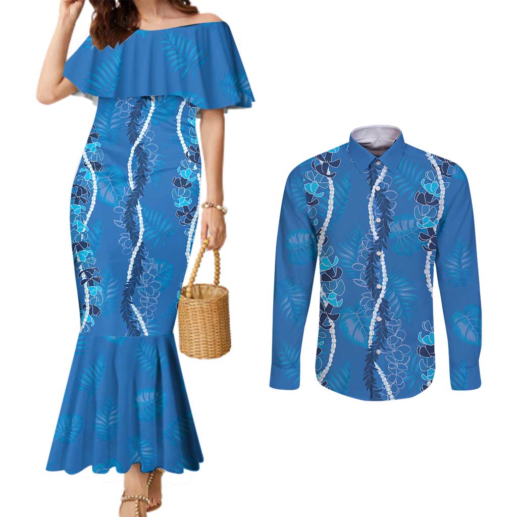 Hawaii Maile Lei Couples Matching Mermaid Dress and Long Sleeve Button Shirt With Blue Monstera Pattern LT05 Blue - Polynesian Pride
