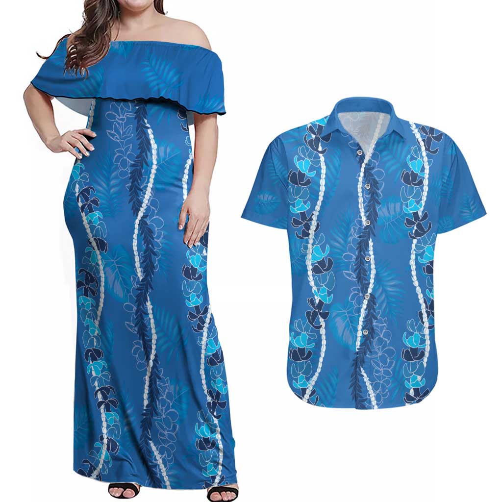 Hawaii Maile Lei Couples Matching Off Shoulder Maxi Dress and Hawaiian Shirt With Blue Monstera Pattern