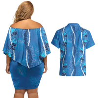 Hawaii Maile Lei Couples Matching Off Shoulder Short Dress and Hawaiian Shirt With Blue Monstera Pattern