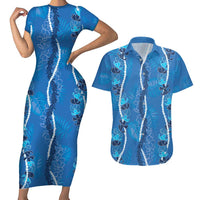 Hawaii Maile Lei Couples Matching Short Sleeve Bodycon Dress and Hawaiian Shirt With Blue Monstera Pattern