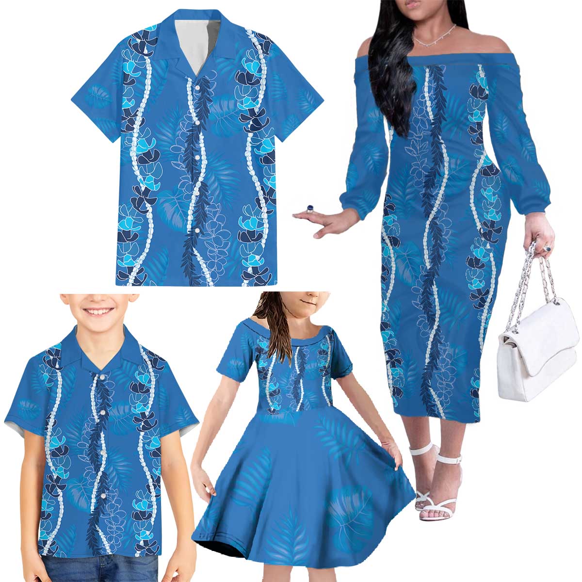 Hawaii Maile Lei Family Matching Off The Shoulder Long Sleeve Dress and Hawaiian Shirt With Blue Monstera Pattern