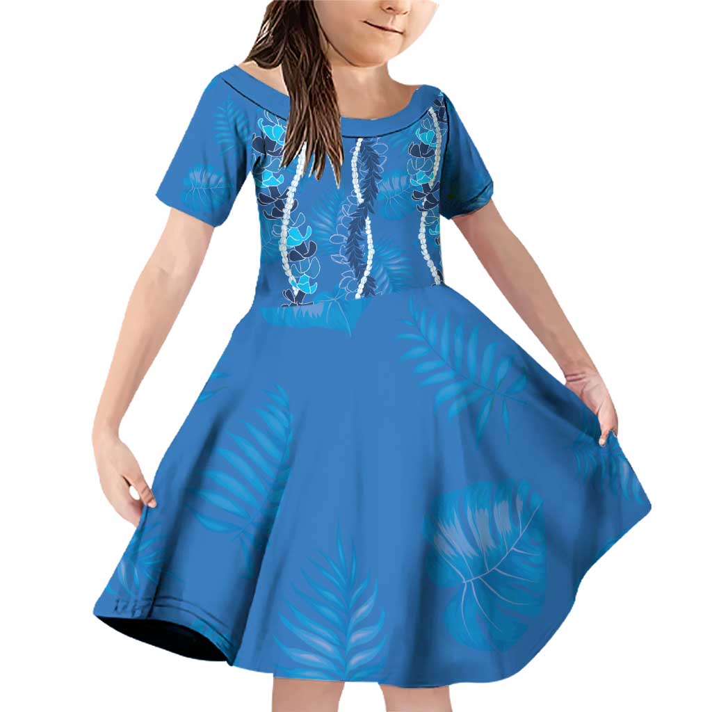 Hawaii Maile Lei Family Matching Off Shoulder Short Dress and Hawaiian Shirt With Blue Monstera Pattern LT05 Daughter's Dress Blue - Polynesian Pride