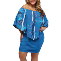 Hawaii Maile Lei Family Matching Off Shoulder Short Dress and Hawaiian Shirt With Blue Monstera Pattern LT05 Mom's Dress Blue - Polynesian Pride