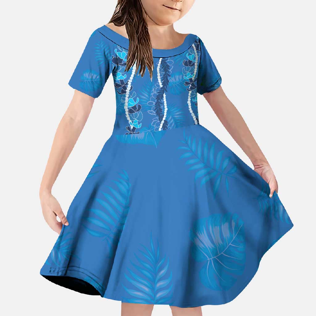 Hawaii Maile Lei Family Matching Summer Maxi Dress and Hawaiian Shirt With Blue Monstera Pattern LT05 Daughter's Dress Blue - Polynesian Pride