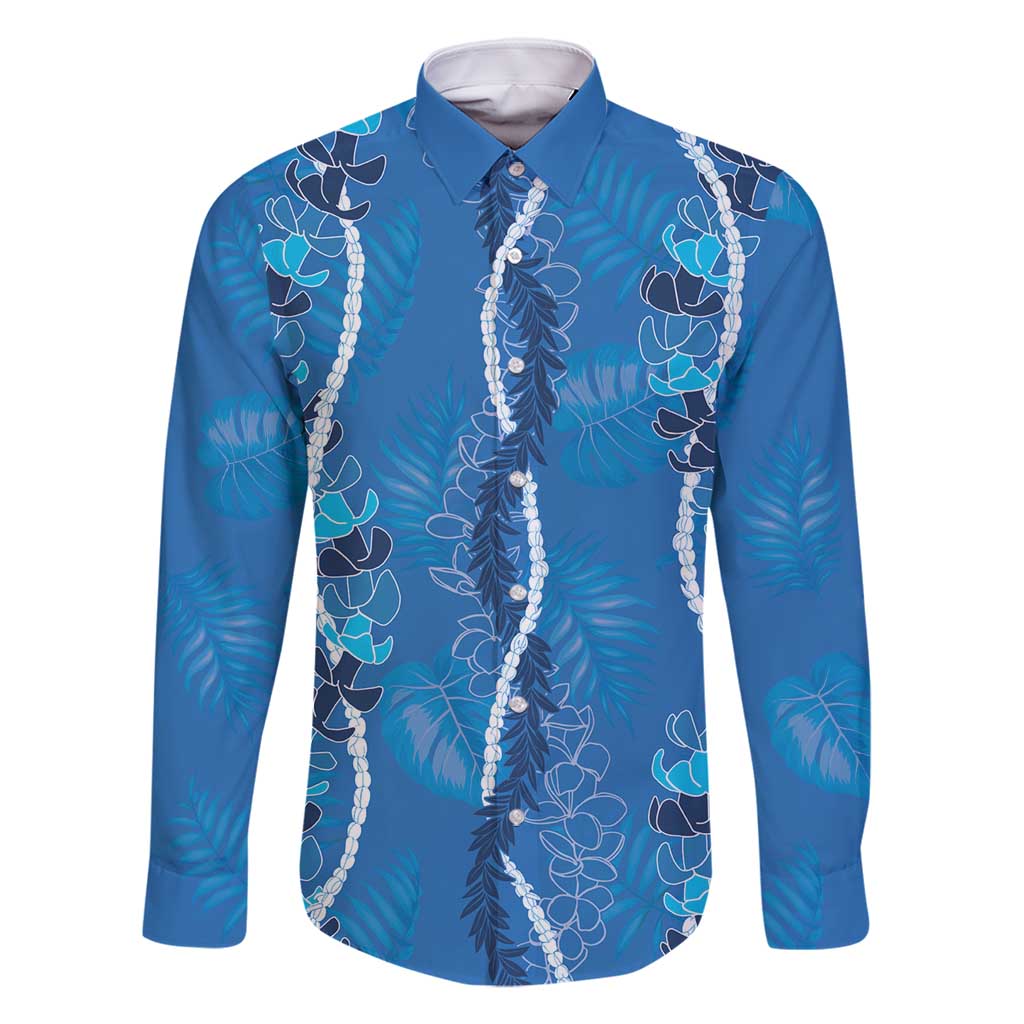 Hawaii Maile Lei Family Matching Summer Maxi Dress and Hawaiian Shirt With Blue Monstera Pattern LT05 Dad's Shirt - Long Sleeve Blue - Polynesian Pride