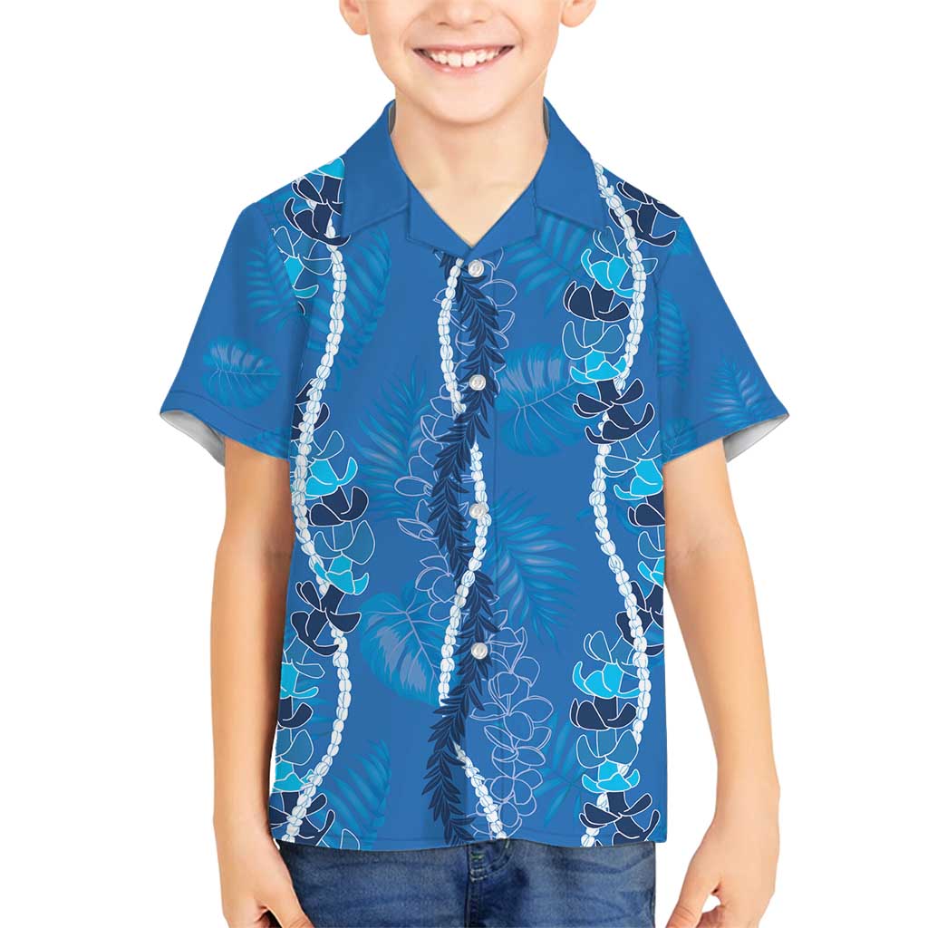 Hawaii Maile Lei Family Matching Summer Maxi Dress and Hawaiian Shirt With Blue Monstera Pattern LT05 Son's Shirt Blue - Polynesian Pride