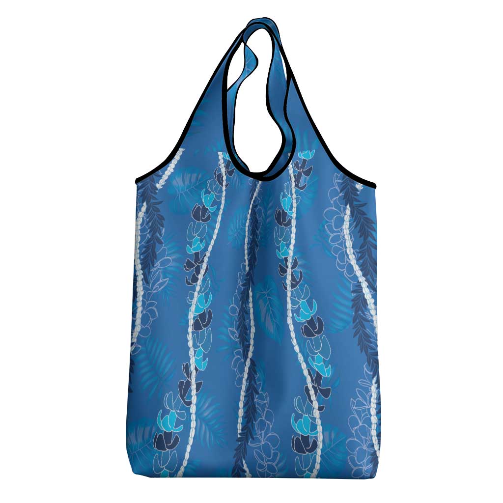 Hawaii Maile Lei Grocery Bag With Blue Monstera Pattern
