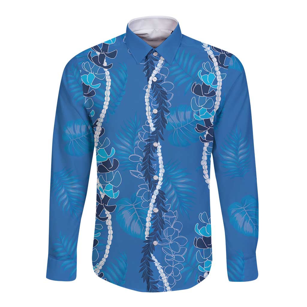 Hawaii Maile Lei Long Sleeve Button Shirt With Blue Monstera Pattern LT05 Unisex Blue - Polynesian Pride