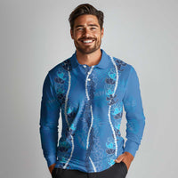 Hawaii Maile Lei Long Sleeve Polo Shirt With Blue Monstera Pattern