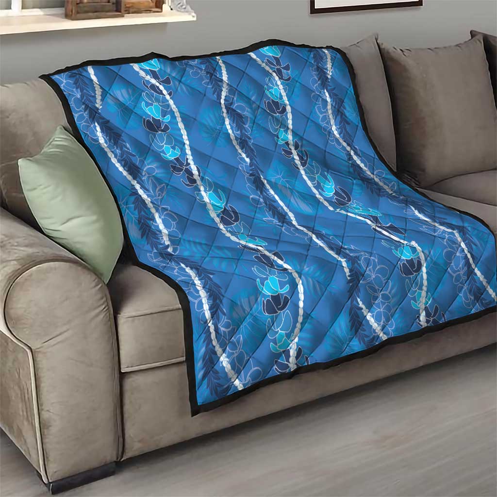 Hawaii Maile Lei Quilt With Blue Monstera Pattern