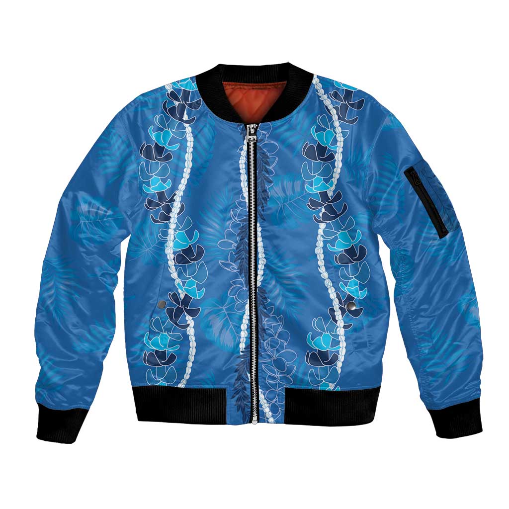Hawaii Maile Lei Sleeve Zip Bomber Jacket With Blue Monstera