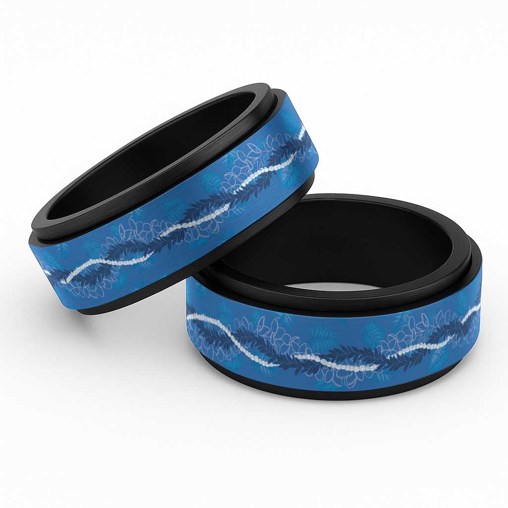 Hawaii Maile Lei Spinner Ring With Blue Monstera Pattern - Polynesian Pride
