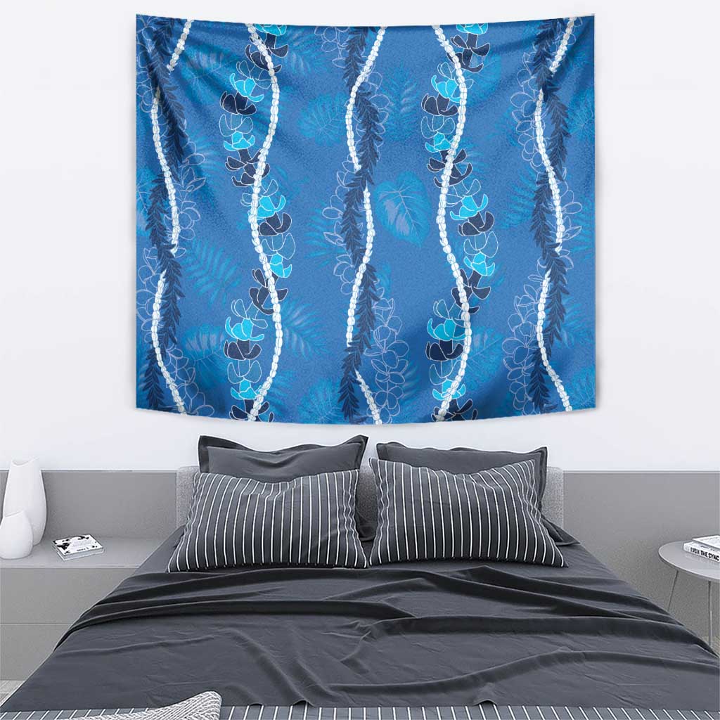 Hawaii Maile Lei Tapestry With Blue Monstera Pattern