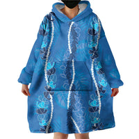 Hawaii Maile Lei Wearable Blanket Hoodie With Blue Monstera Pattern